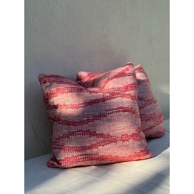 Set of Two Woven Textural Rich Pink Pillows/ Kathryn Ireland “Moroccan Weave” Woven Textile With Down/ Feather Fill For Sale In Los Angeles - Image 6 of 11