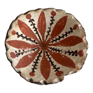 Rustic Mexican Folk Pottery Bowl – Hand-Painted Red Floral Scalloped Dish For Sale