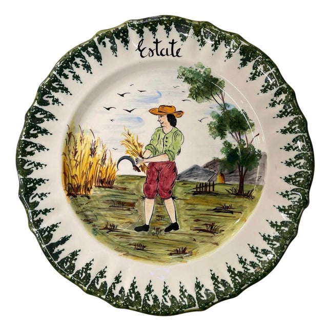 Set of Four Vintage Italian Hand-Painted Faience "Four Seasons" Ceramic Plates For Sale - Image 4 of 12