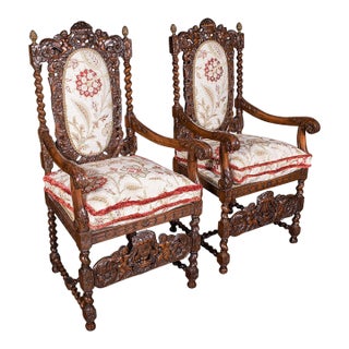 Pair of Antique Charles II Revival Arm Chairs, English, Elbow Seat, Edwardian For Sale