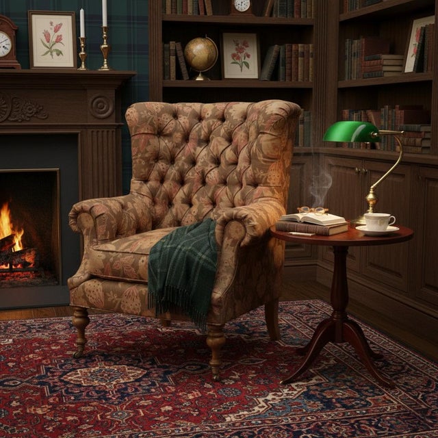 This is a charming Victorian style tufted wingback chair with that special Ralph Lauren flare. It is unmarked, and it has...