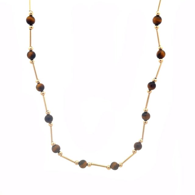 Late 20th Century Tiger's Eye 14k Gold Necklace Beaded Yellow Tube Links For Sale - Image 5 of 6