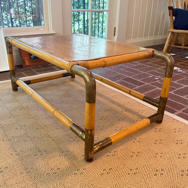 Brown 1970s Bamboo & Brass Coffee Table For Sale - Image 8 of 10
