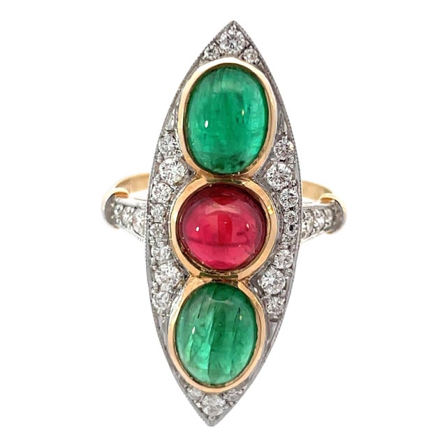 1960s 14k Yellow Gold Burmese No-Heat Red Spinel, Emerald & Diamond Ring, Size 6.5 For Sale