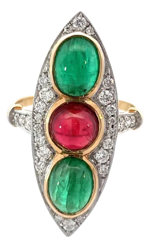 1960s 14k Yellow Gold Burmese No-Heat Red Spinel, Emerald & Diamond Ring, Size 6.5