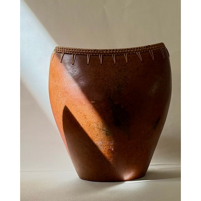 Pair of Vintage Indonesian Ceramic Vessels With Hand-Woven Rattan Rim For Sale - Image 10 of 18