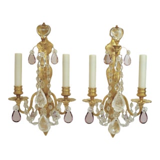 French Gilt Bronze Sconces with Rock Crystal and Amethyst Prisms - A Pair For Sale