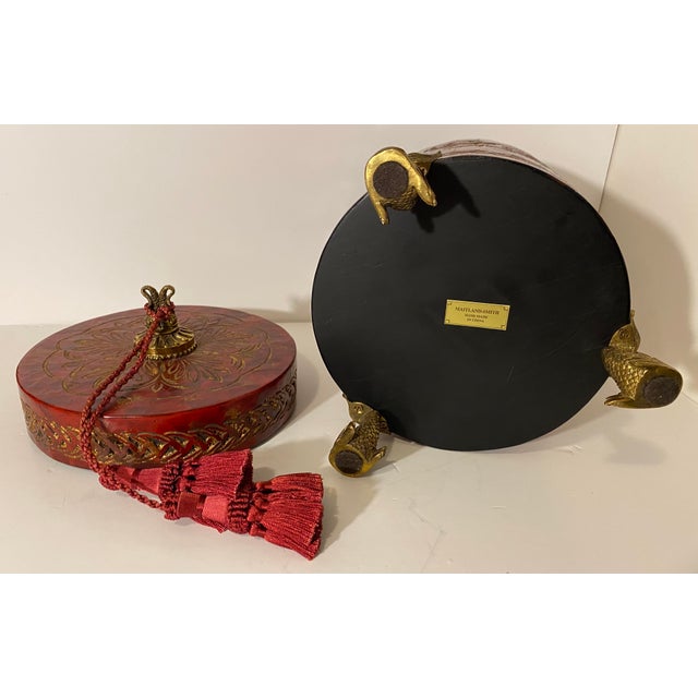 Monumental 14" Graduated Trio of Maitland-Smith Tessellated Stone Canisters - Imperial Red & Gold Leaf For Sale - Image 10 of 18