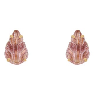 Contemporary 1.27ct Pink Tourmaline Carved Leaf Stud Earrings in 14k Yellow Gold- A Pair For Sale