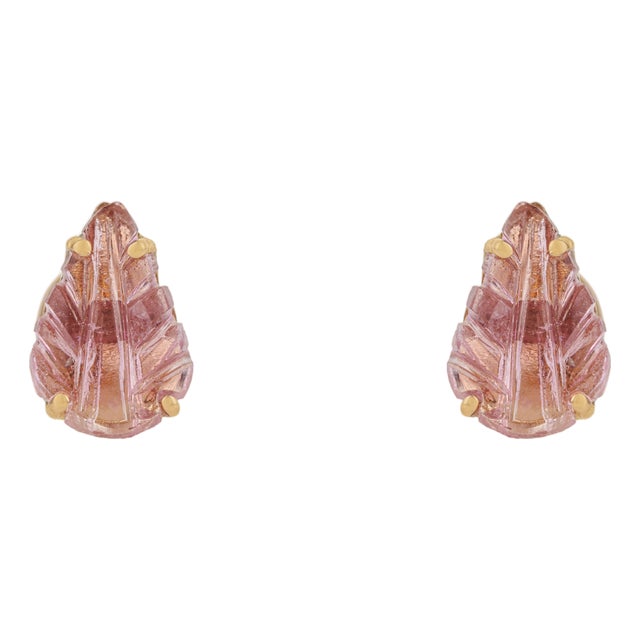 Contemporary 1.27ct Pink Tourmaline Carved Leaf Stud Earrings in 14k Yellow Gold- A Pair For Sale