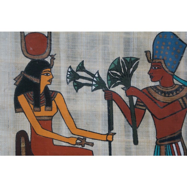 Late 20th Century Egyptian Revival Papyrus Painting Art Pharaoh King Ramses Queen Nefertari - Set of 2 For Sale - Image 12 of 14