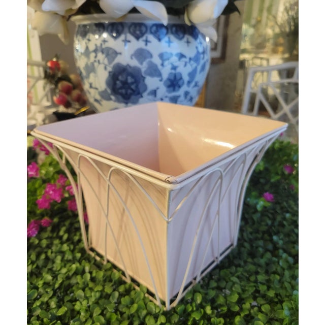 Metal Pale Pink Lacquered Metal Caged Planter Pot For Sale - Image 7 of 11