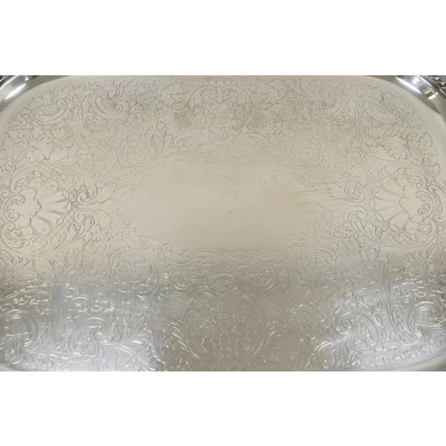 Mid 20th Century Vintage Victorian Epc Silver Plated Etched Twin Handle Serving Platter Bar Tray For Sale - Image 5 of 10
