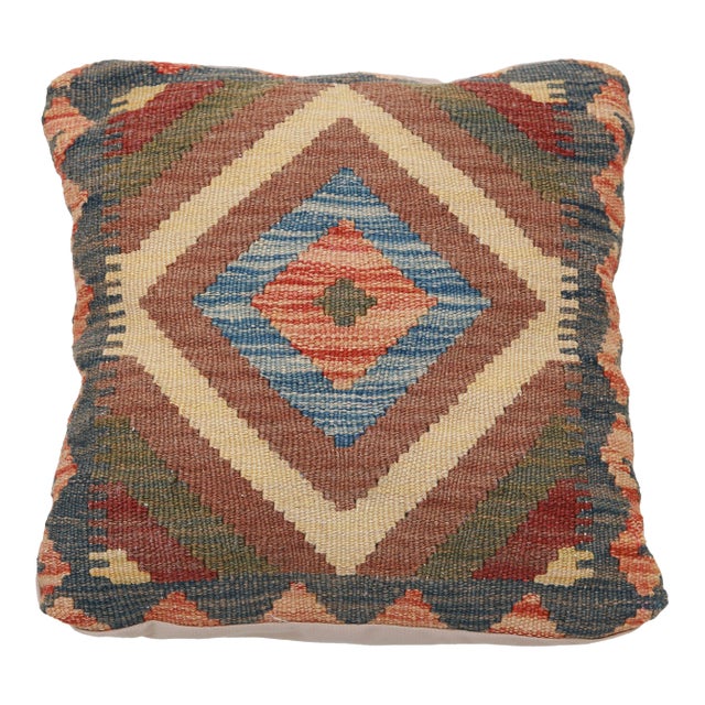 Arteverk Handwoven Afghan Kilim Pillow — Blue & Red Diamond Medallion For Sale