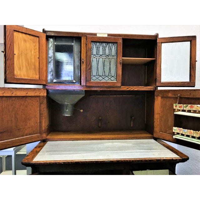 Antique Oak Hoosier With Original Makers Tag, Glass Doors and