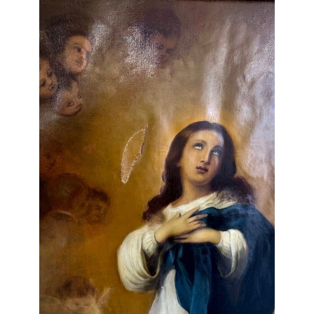Religious Late 19th Century Large Italian Gilt Framed Religious Oil Painting – Immaculate Conception After Murillo – Florence, Italy For Sale - Image 3 of 11