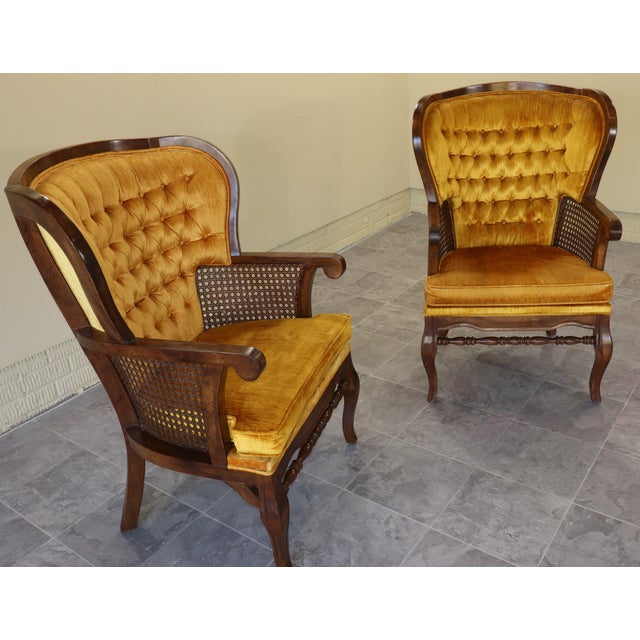 Gold Pair of Monumental 1970s Cane and Gold Velvet Horseshoe Wingback Chairs For Sale - Image 8 of 17