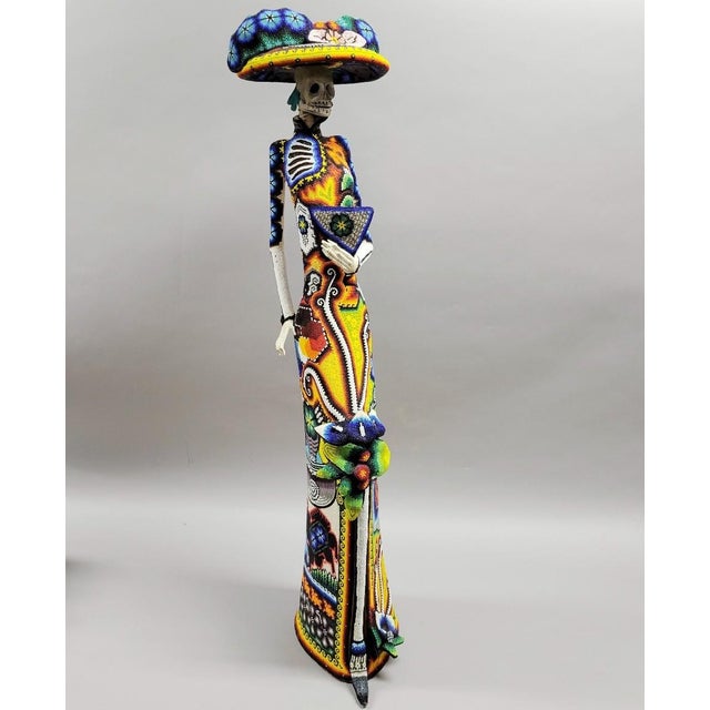 Monumental Huichol Beaded La Catrina, Day of the Dead, Sculpture, Mexico, 36” For Sale - Image 11 of 12