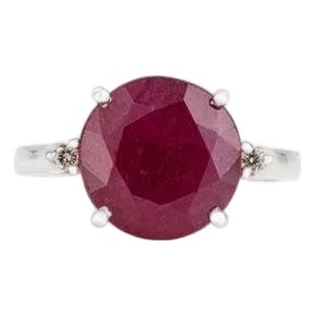 Ruby Solitaire Ring With Diamond in 925 Sterling Silver - Size 8 For Sale
