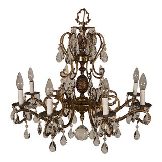 Massive Antique French Brass 8 Lite Pineapple Cut Lead Crystal Chandelier For Sale