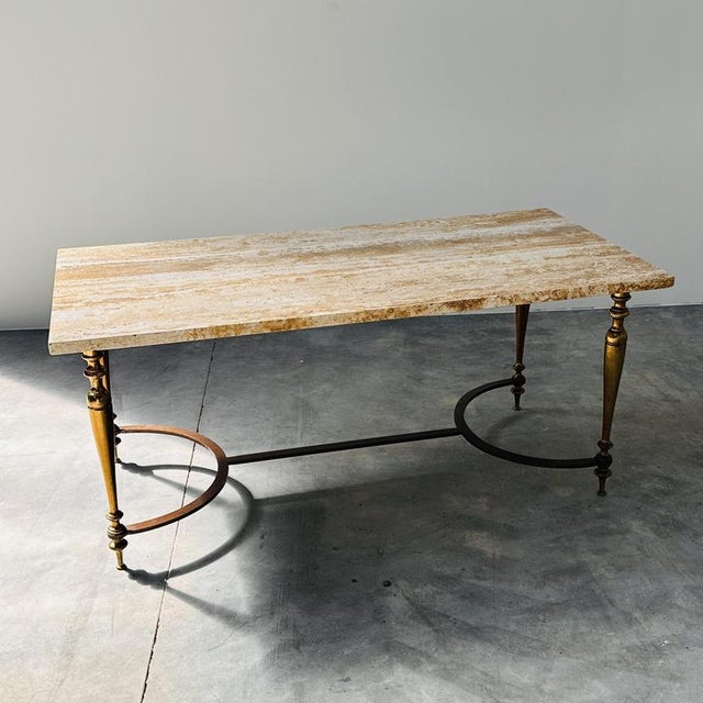 Metal Travertine Coffee Table with Brass Base, 1970s For Sale - Image 7 of 15
