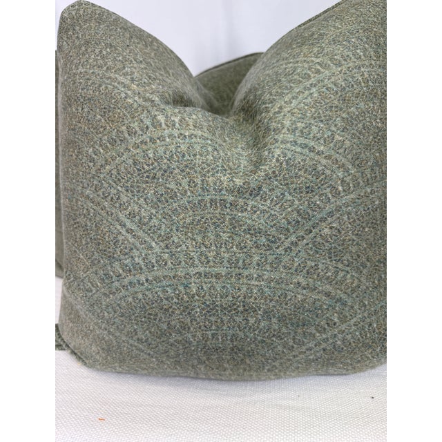 Custom pair of 22" pillows covered in a paisley patterned wool in green. These pillows are self welted, have tapered...
