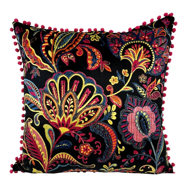 20" Square Decorative Throw Pillow With a Modern Paisley Floral Pattern in Bright Pinks, Yellows & Blues Framed by Bright Pink Pom-Poms For Sale