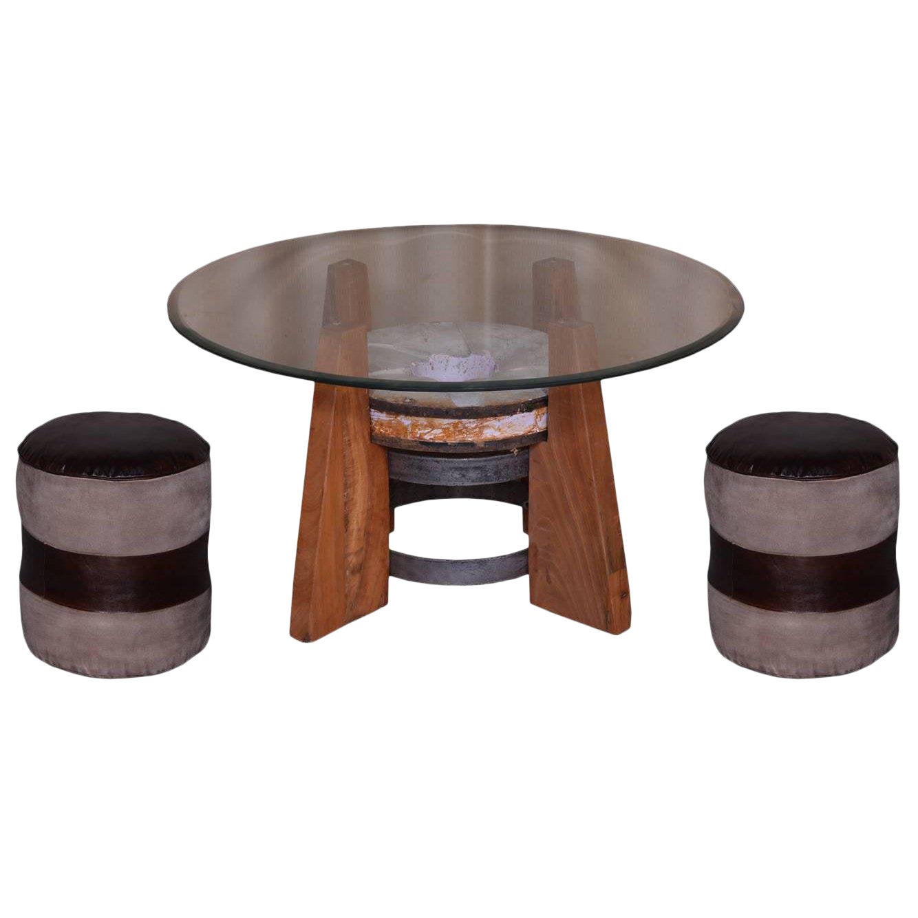 Coffee Table With Leather Poufs for Living Room, Accent Home Furniture