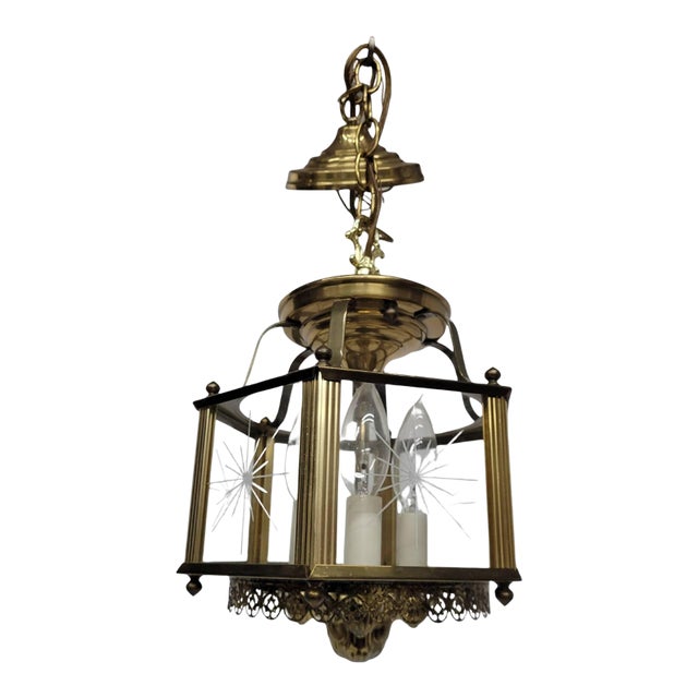 Vintage Brass Lantern Neo Decor Starburst Etched Glass Chandelier Entryway, Old World Glam For Sale