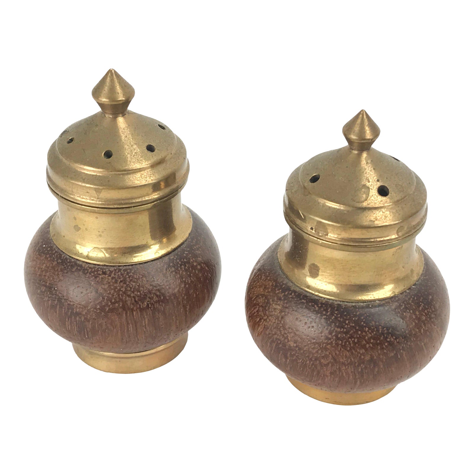 Walnut & Brass Salt/Pepper Shakers Chairish
