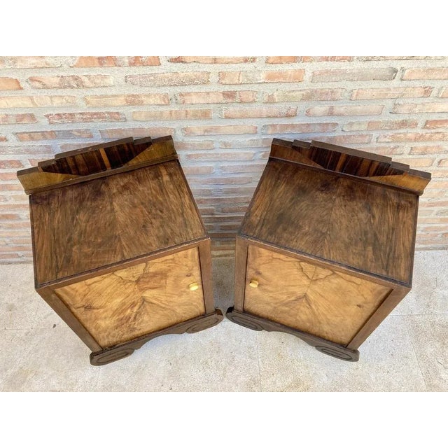 Art Deco Walnut Slab Side Cabinets or Nightstands with Carved Base, 1930s, Set of 2 For Sale - Image 3 of 16
