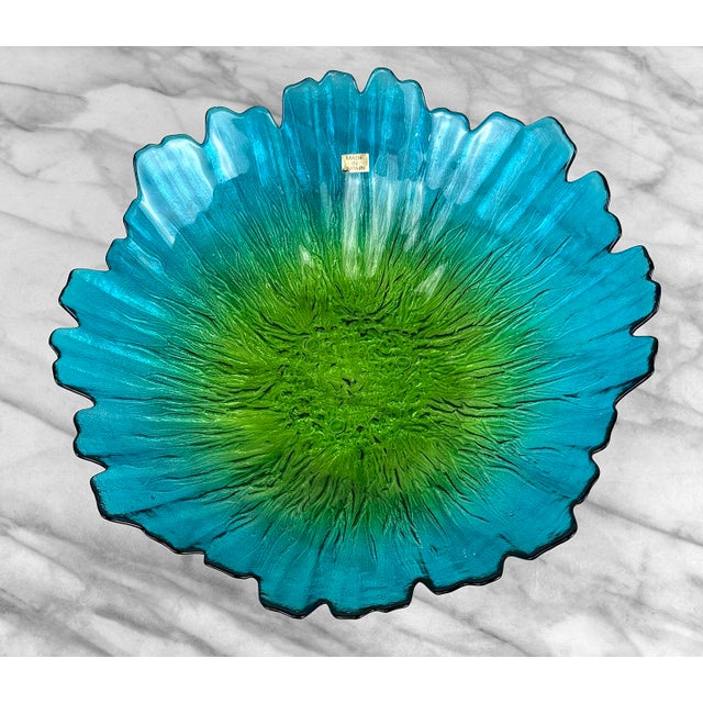 Mid-Century Modern Vintage 14" Blue & Green Spain Art Glass Centerpiece Bowl For Sale - Image 3 of 8