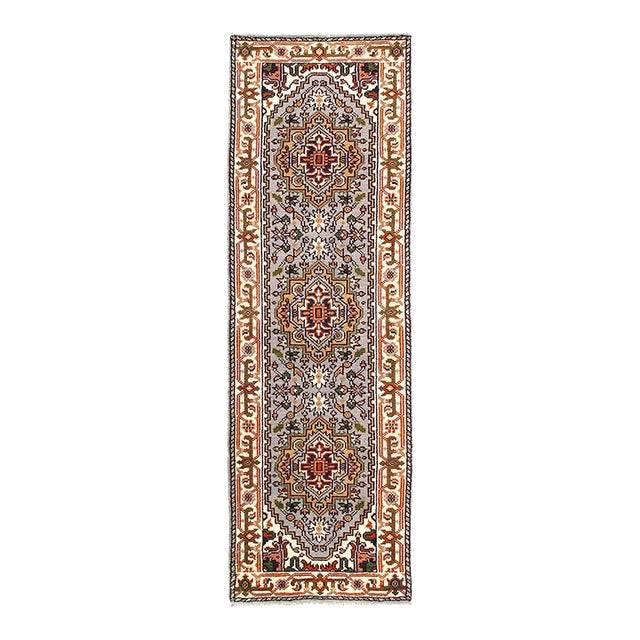 Fine Hand Knotted Gray Serapi Design Runner For Sale