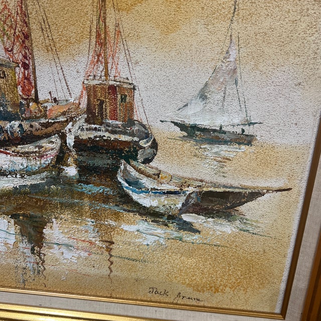 1970s Modern American Seascape Impressionist Style Oil on Canvas Titled Boats in the Harbour Framed Signed For Sale In Washington DC - Image 6 of 12