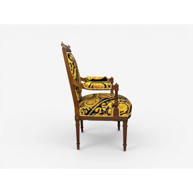 Gianni Versace Fabric Louis XVI Style Armchairs, Walnut, France, 20th C. For Sale - Image 15 of 16