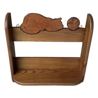 Vintage Mid-Late 20th Century Hand Crafted Oak Wall Shelf With Carved Cat For Sale