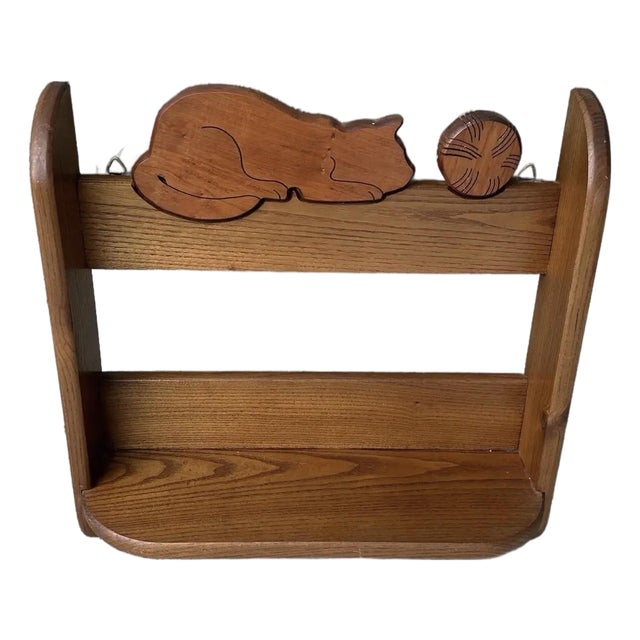 Vintage Mid-Late 20th Century Hand Crafted Oak Wall Shelf With Carved Cat For Sale