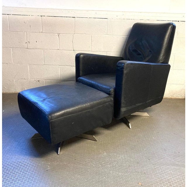 Vintage Mid Century Italian Leather Chair with Ottoman Very heavy construction -- We really love the amazing black leather...