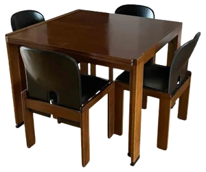 Walnut & Black Leather Model 121 Dining Chairs & Extendable Model 778 Dining Table by Tobia & Afra Scarpa for Cassina, 1968, Set of 5