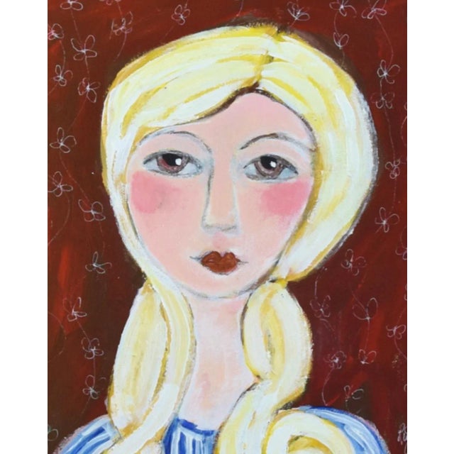 Gold French Mademoiselle W/ Curly Blonde Hair Portrait Oil Painting W/ Antiqued Gold Wood Frame For Sale - Image 8 of 12