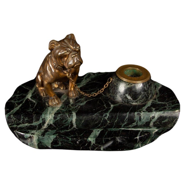 An exquisite 19th-century French inkwell, featuring a finely detailed bronze bulldog, signed by the artist M. Bertin. The...