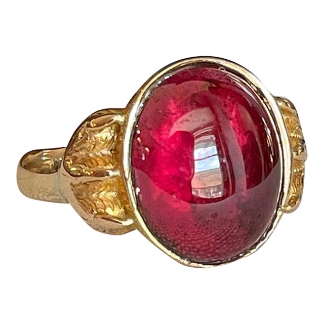 Mid 19th Century Victorian Large Gold Cabochon Garnet Ring Size 10 For Sale