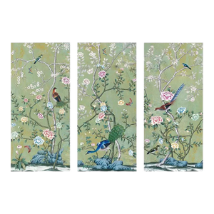 30"*60", Vintage Chinoiserie Floral Birds Garden Green Wallpaper Panel Wall Art, Set of 3, No Frame
