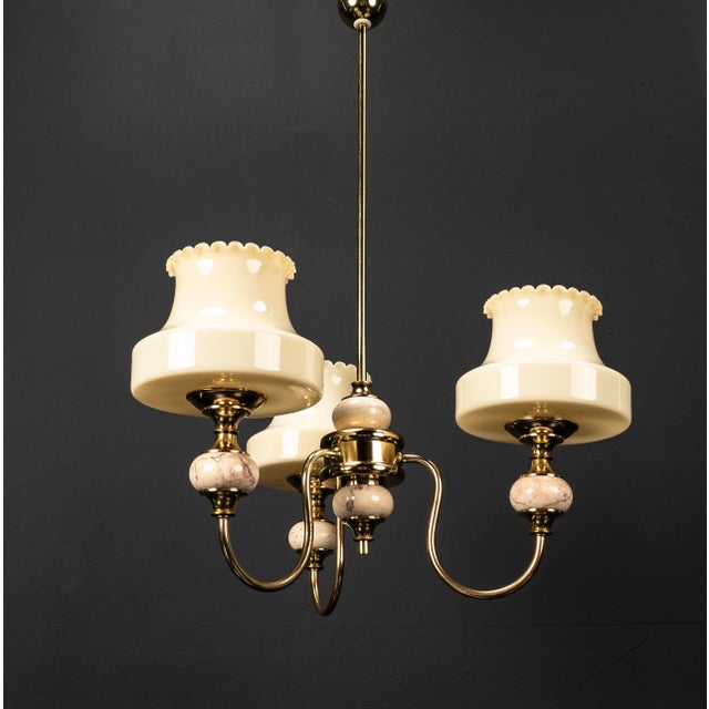 Cream Threeflame Golden Ceiling Light with Glass Shades and Marble from VEB NARVA, 1970s For Sale - Image 8 of 18