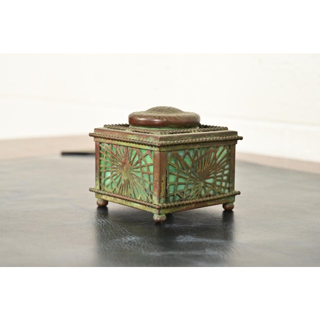 Tiffany Studios Tiffany Studios New York Pine Needle Bronze and Favrile Slag Glass Inkwell, Circa 1910 For Sale - Image 4 of 13