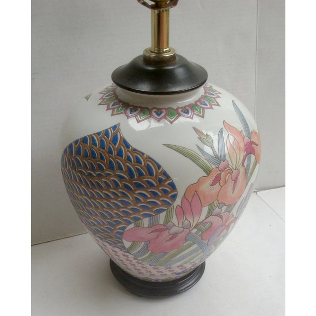 1980s Ceramic Chinoiserie Ginger Jar Lamp Postmodern Iris Flowers For Sale - Image 4 of 6