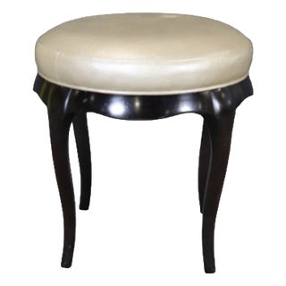 Barbara Barry for Baker Round Vanity Stool With Leather Upholstery and Sculpted Wood Base For Sale