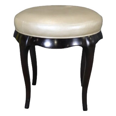 Barbara Barry for Baker Round Vanity Stool With Leather Upholstery and Sculpted Wood Base For Sale