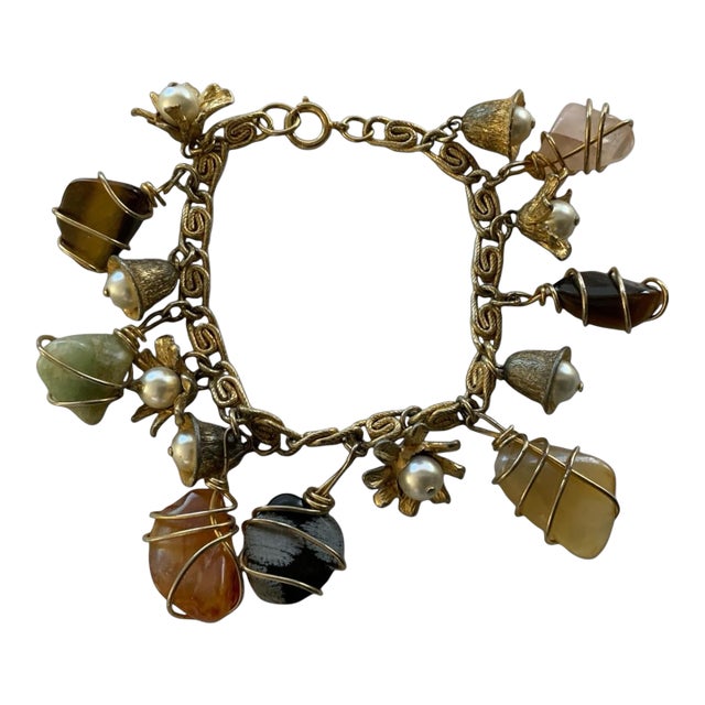 Vintage Gold Tone Wire Wrapped Natural Gemstone and Small Pearls For Sale