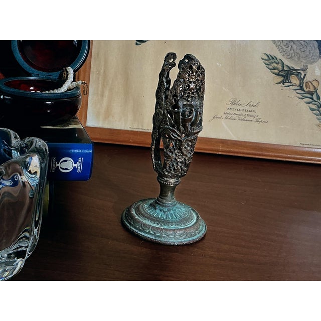 Abstract Vintage Art Nouveau Openwork Bronze-Finished Metal Pillar Candleholder W Organic Floral Relief For Sale - Image 3 of 11